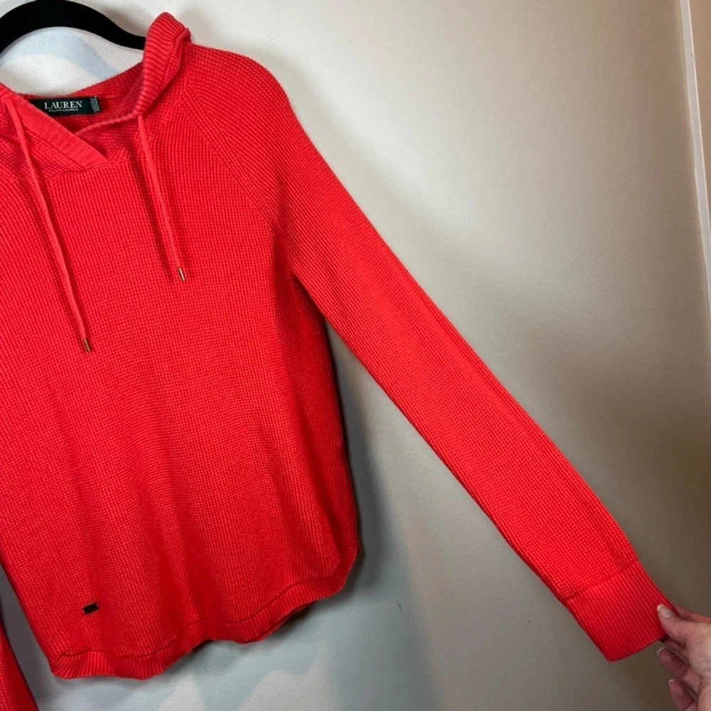 Lauren Ralph Lauren Hooded Waffle Knit Sweater Top Shirt Orange  Sz Small Petite